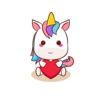 linda caricatura de unicornio mágico con vector de corazón de amor. pony caricatura animal kawaii. Aislado en un fondo blanco.