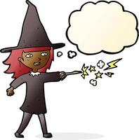 cartoon witch girl casting spell with thought bubble vector