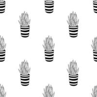 Seamless pattern of hand drawn doodle aloe vera in pot. Black and white Line art cacti. Hand drawn cute cactus for cards,posters, fabric vector