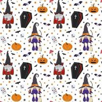 Cute cartoon Halloween gnome characters pattern. Vampire, witch, pumpkin lanterns, bat monsters. Spooky holiday background. vector