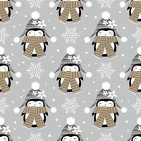 Seamless pattern with cute penguin girls and snowflakes on grey background. Perfect for textile, wallpaper or print design. vector