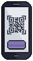 Pixel art mobile phone with QR code reader vector icon for 8bit game on white background