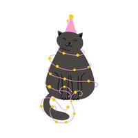 lindo gato con guirnalda dibujada en estilo plano. ilustración infantil vectorial. vector