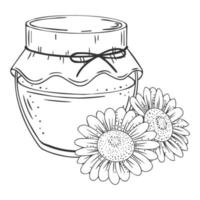 miel con flores. ilustración infantil monocromática. ilustración vectorial libro para colorear para niños. aislado en blanco vector