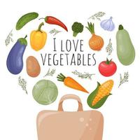 Shopping eco-friendly paper bag and vegetables. Organic vegetables from supermarket. I love vegetables. Vector illustration. Isolated on white. Cartoon style.