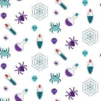Seamless pattern with spiders, spider webs and potion flasks. vector illustration