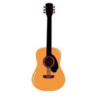 Vector illustration. Classical wooden guitar. String plucked musical instrument. Small acoustic guitar or ukulele. Rock or jazz equipment. Sticker with contour. Isolated on white background