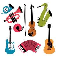 Big collection of cartoon music instruments. Vector illustration