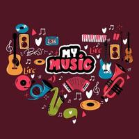 Love Music Heart. Musical instruments on heart shape. vector