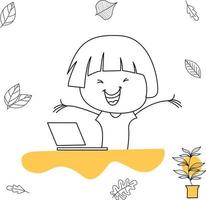 cute illustration of a girl studying in front of a laptop and having fun vector