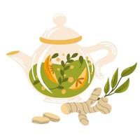 Tea with herbs, citrus and ginger. Mug with tea berries leaves. Hot natural drink for health. Pharmacist of natural wellness poster, organic, herbal tea, orange slices and herbs. Vector illustration