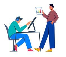 dos hombres están trabajando en una computadora. concepto de comunicación empresarial. freelance, negocio, trabajo, estudiante. ilustración vectorial plana de moda aislada en el fondo blanco. vector