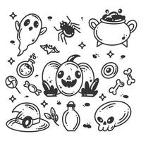 colección dibujada a mano de iconos y personajes de halloween, elementos para decoraciones de halloween vector