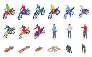 Motocross icons set isometric vector. Jump competition vector