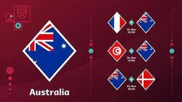 La selección de Australia programa los partidos de la fase final del campeonato mundial de fútbol de 2022. ilustración vectorial de los partidos de fútbol mundial 2022. vector