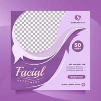 Square social media post and banner template for Facial Treatment center promotion with purple color. Modern vector design to promote beauty salon, Healthy Skin Clinic, cosmetic sale, medical spa, etc