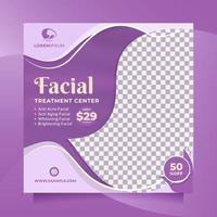 Publicación creativa y moderna en redes sociales cuadradas y plantilla de banner para la promoción del tratamiento facial con color púrpura. concepto de diseño vectorial de clínica de belleza profesional, spa capilar, venta de cosméticos, etc. vector