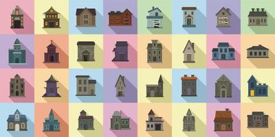 Creepy house icons set flat vector. Scary castle vector