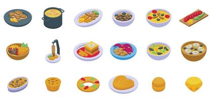 Portuguese cuisine icons set isometric vector. Stew fish vector