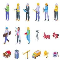 Female construction engineer icons set isometric vector. Architect worker vector