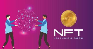 Purple background NFT nonfungible token wallpaper with gold coin, human and mobile illustration vector