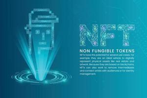 NFT non-fungible tokens web banner concept with node connected NFT monkey cartoon and RFB futuristic light vector