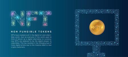 Fondo de pantalla de tokens no fungibles nft con computadora conectada al nodo y moneda nft de oro vector