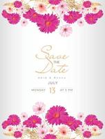 Deep and light pink cosmos with gold leaves save the date card vector