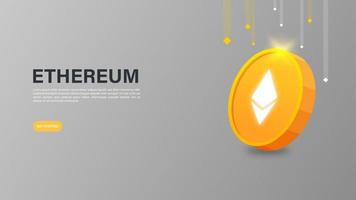 Ethereum coin banner page for crypto website or apps. Cryptocurrency vector illustration.