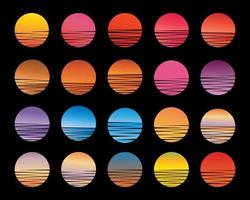 Retro sunset, abstract 80s style grunge striped sunsets. Vintage colorful striped circles for logo or print design vector