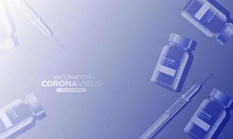 Creative design for Coronavirus vaccine banner background. Covid-19 corona virus vaccination with vaccine bottle and syringe injection tool for covid19 immunization treatment. Vector illustration.