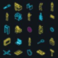 Passport control icons set vector neon