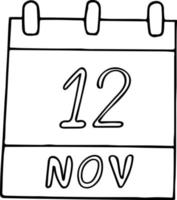 calendario dibujado a mano en estilo garabato. 12 de noviembre. día mundial de la neumonía, fecha. icono, elemento adhesivo para el diseño. planificación, vacaciones de negocios vector