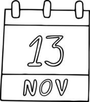 calendario dibujado a mano en estilo garabato. 13 de noviembre. día mundial de la bondad, fecha. icono, elemento adhesivo para el diseño. planificación, vacaciones de negocios vector