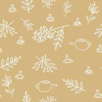 tetera, tazas y hojas de patrones sin fisuras garabato dibujado a mano. vector, minimalismo, monocromo. textiles, papel de regalo, papel pintado. bebidas calientes de té de otoño vector