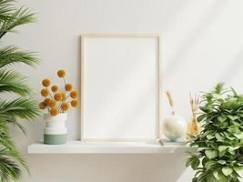 Frame picture mockup with vertical wooden frame in living room interior background. 3D illustration rendering photo