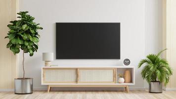 White wall mounted tv on cabinet in living room,minimal design. 3D illustration rendering photo