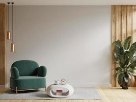 Modern interior of wall space with green armchair on empty white room. 3D illustration rendering photo