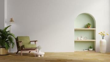 la sala de estar tiene un sillón verde y una decoración en una pared vacía de color blanco. representación de ilustración 3d