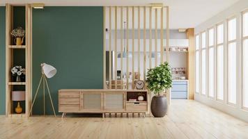gabinete para maqueta de tv en tonos cálidos tiene pared verde frente a la cocina. representación de ilustración 3d