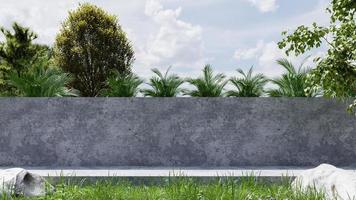 Empty exterior concrete wall in the midst of nature. 3D illustration rendering