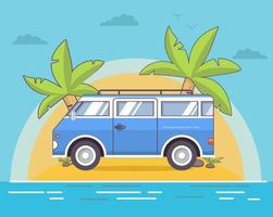 Vintage van retro.Road trip.Tropical island palm tree.Summer sea landscape.Flat banner. vector