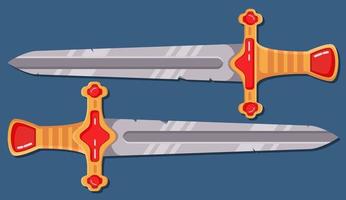 Medieval sword.Game weapon cartoon.Children's toy.Flat vector. Isolated on a blue background.The ephesus of the sword is inlaid with rubies. vector