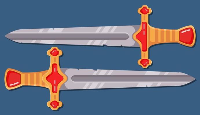 Medieval sword.Game weapon cartoon.Children's toy.Flat vector. Isolated on a blue background.The ephesus of the sword is inlaid with rubies.