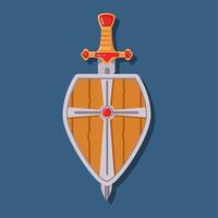 escudo de espada medieval. caricatura de arma de juego. juguete para niños. vector plano. aislado en un fondo azul. símbolo para un juego móvil.