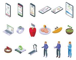 Diet app icons set isometric vector. Fat plan vector