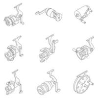 Fishing reel icons set vector outline