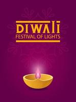 Modern poster for Diwali festival of lights with diya oil lamp on the background purple rangoli vector