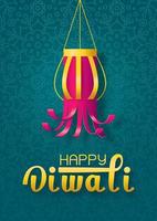 Happy diwali concept with handmade paper lantern on green background with mandala vector