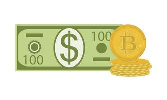 Flat modern design bitcoin investment. Dollar and bitcoins isolated on white background. Vector financial illustration.